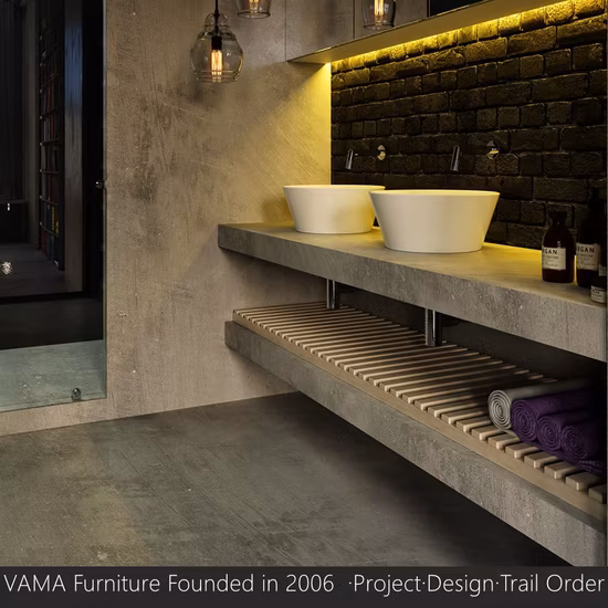 Vama Customerized Five Star Hotels Fashion Grey Stone Slab with Double Lip Wash Basin Shelf Storage Bathroom Furniture Set