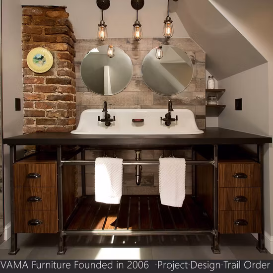 Vama Customerized Five Star Hotels Fashion Grey Stone Slab with Double Lip Wash Basin Shelf Storage Bathroom Furniture Set