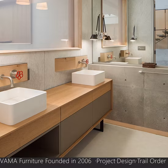 Vama Customerized Five Star Hotels Fashion Grey Stone Slab with Double Lip Wash Basin Shelf Storage Bathroom Furniture Set