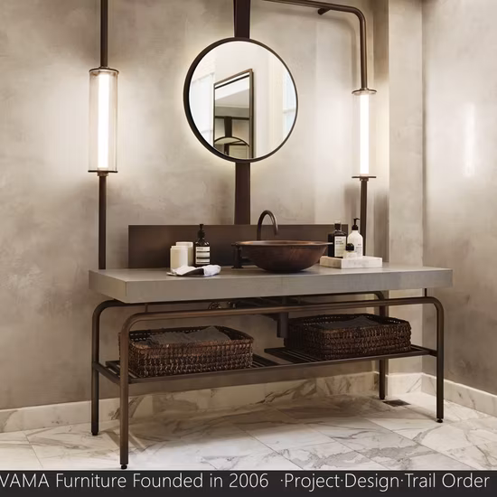 Vama Customerized Five Star Hotels Fashion Grey Stone Slab with Double Lip Wash Basin Shelf Storage Bathroom Furniture Set