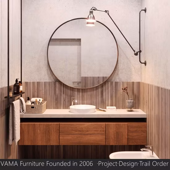 Vama Customerized Five Star Hotels Fashion Grey Stone Slab with Double Lip Wash Basin Shelf Storage Bathroom Furniture Set