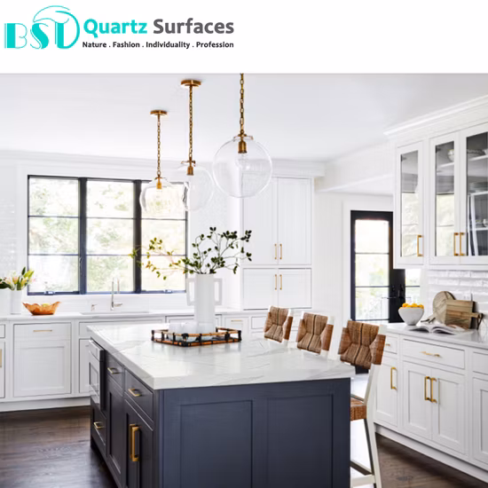 Qt401 China Customized Size Kitchen Countertop Table Top Gold Marble Tile Price White Calacatta Quartz Stone Slab